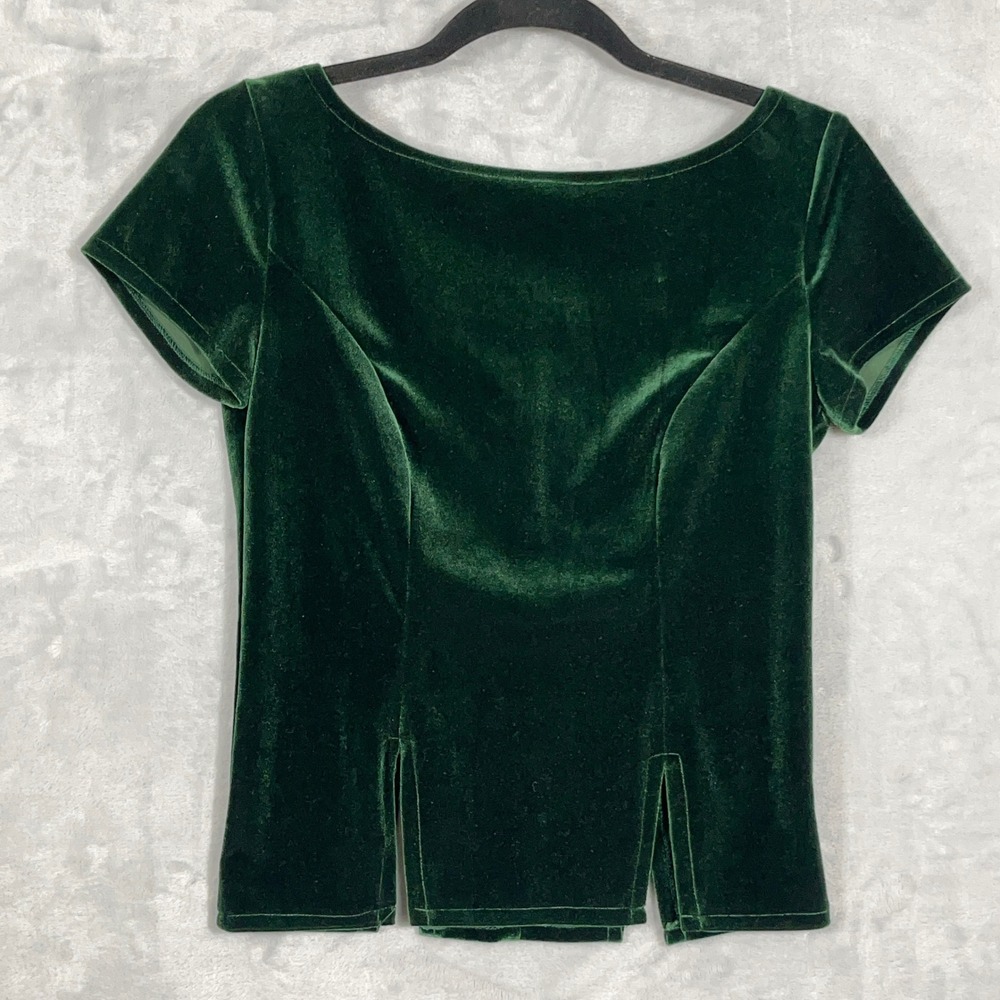 Womens Top Small Emerald Green Velvet Boat Neck Short Sleeve Whimsigoth USA made